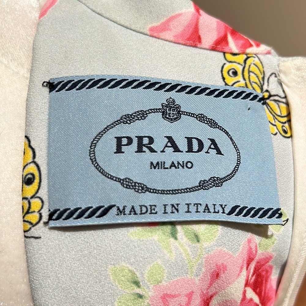 Prada Light Blue Floral Midi Dress with Pink Roses - Picture 5 of 11